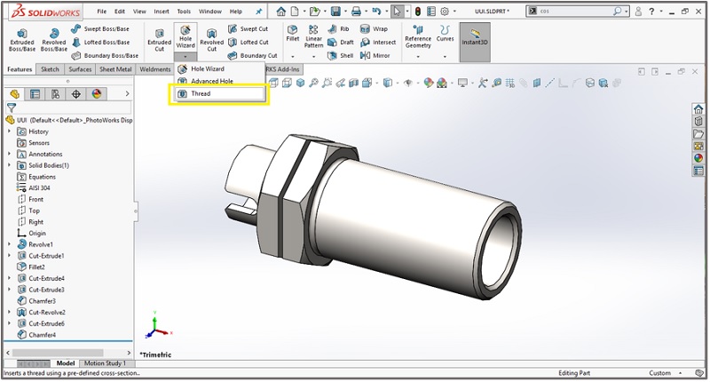 วิธีทําเกลียว SolidWorks ด้วยคำสั่ง Thread