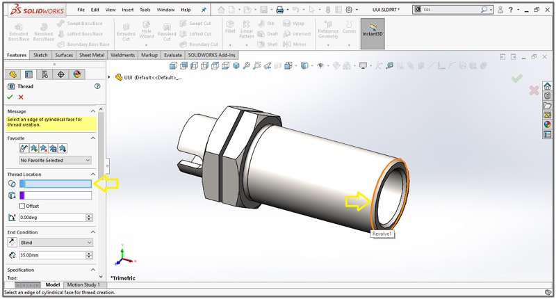 วิธีทําเกลียว SolidWorks ด้วยคำสั่ง Thread