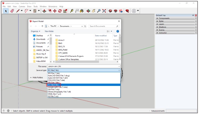 Sketchup to SOLDIWORKS Export Save as Type เป็นนามสกุล IFC File (*.ifc)